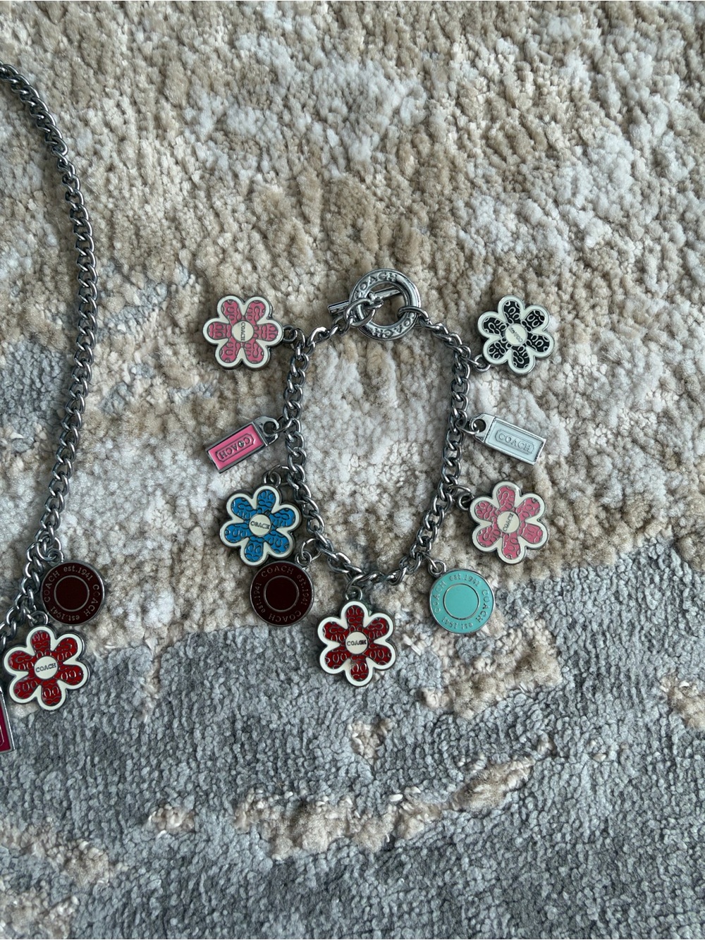 Coach Silver Chain Charm Necklace with Pink & Turquoise Flower Charms - Picture 3 of 6